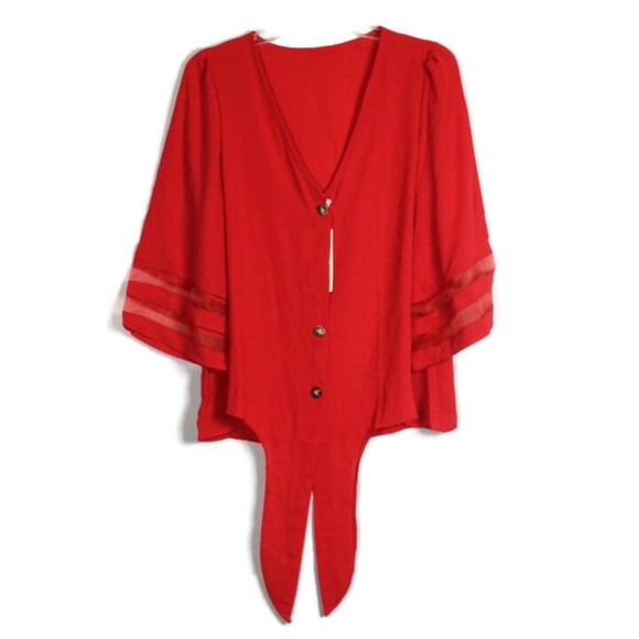Roshop Red Women's Top Blouse Tie Front Flared Sleeve Size Small - Picture 1 of 6